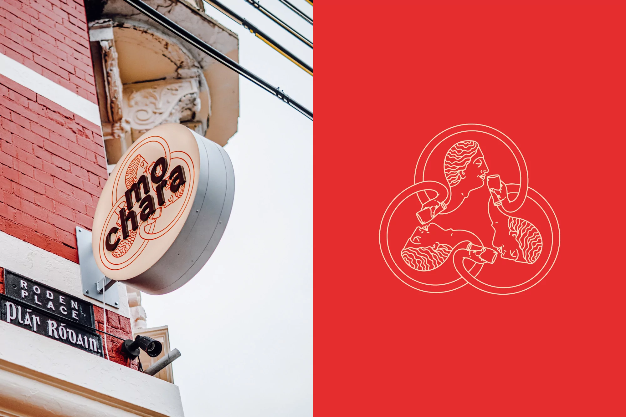 Exterior shot of a mo chara café sign on a building and a sign with Roden Place text, with an illustration on a red background.