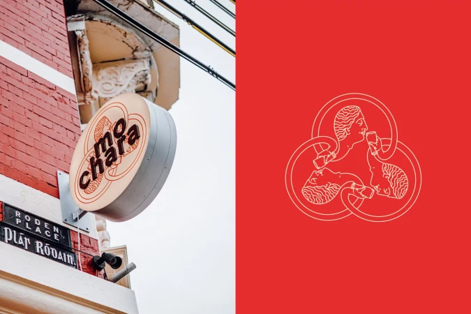 Exterior shot of a mo chara café sign on a building and a sign with Roden Place text, with an illustration on a red background.