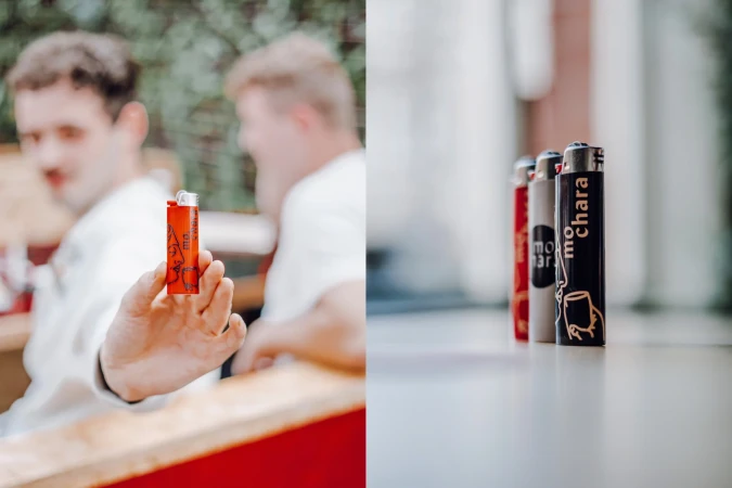 Close-up of a red lighter held by a man, with two men in the background, plus a close-up of 3 lighters on a white surface.