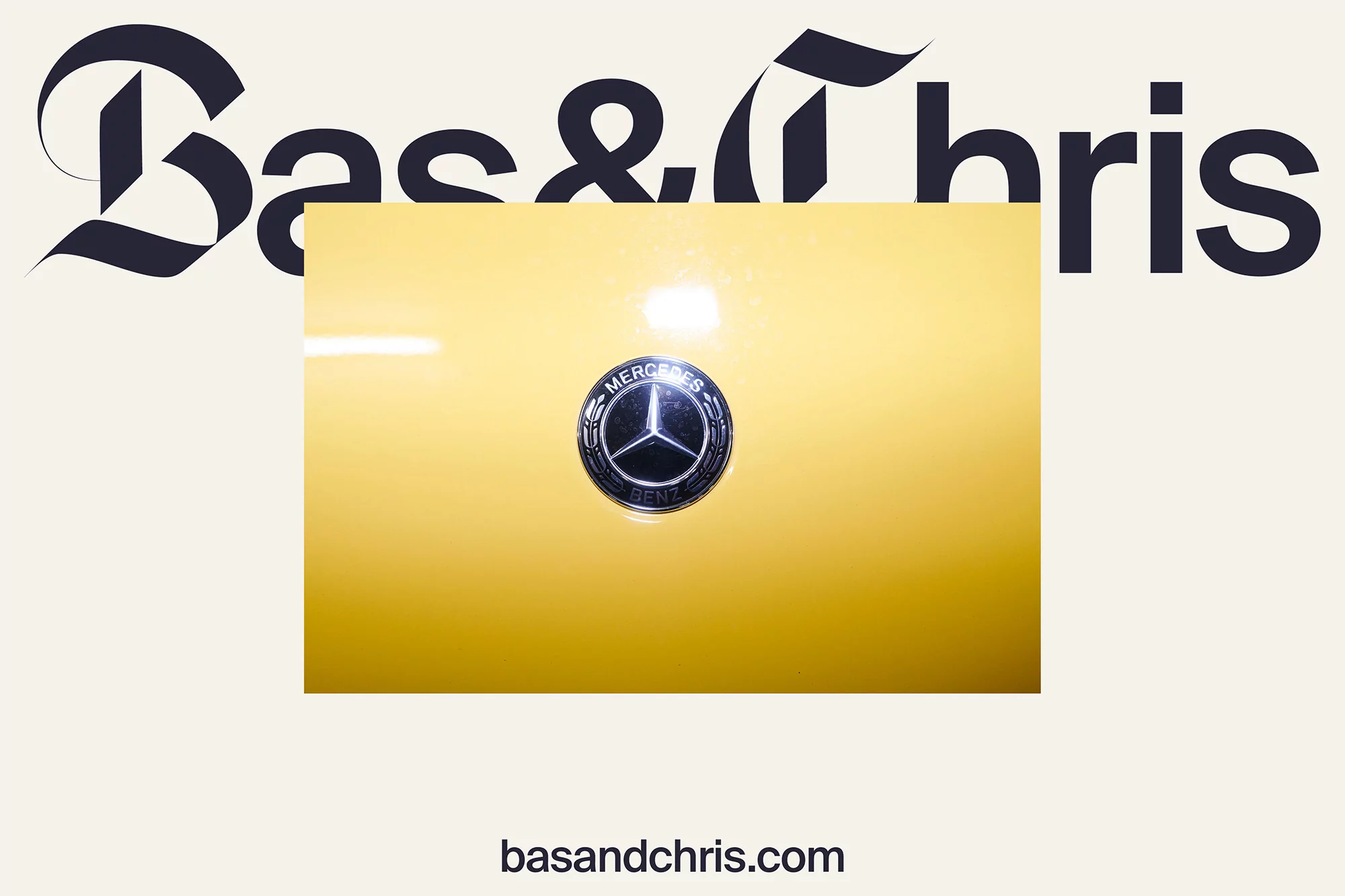 Mercedes-Benz logo on yellow car hood with Bas&Chris text branding, clean modern product design.