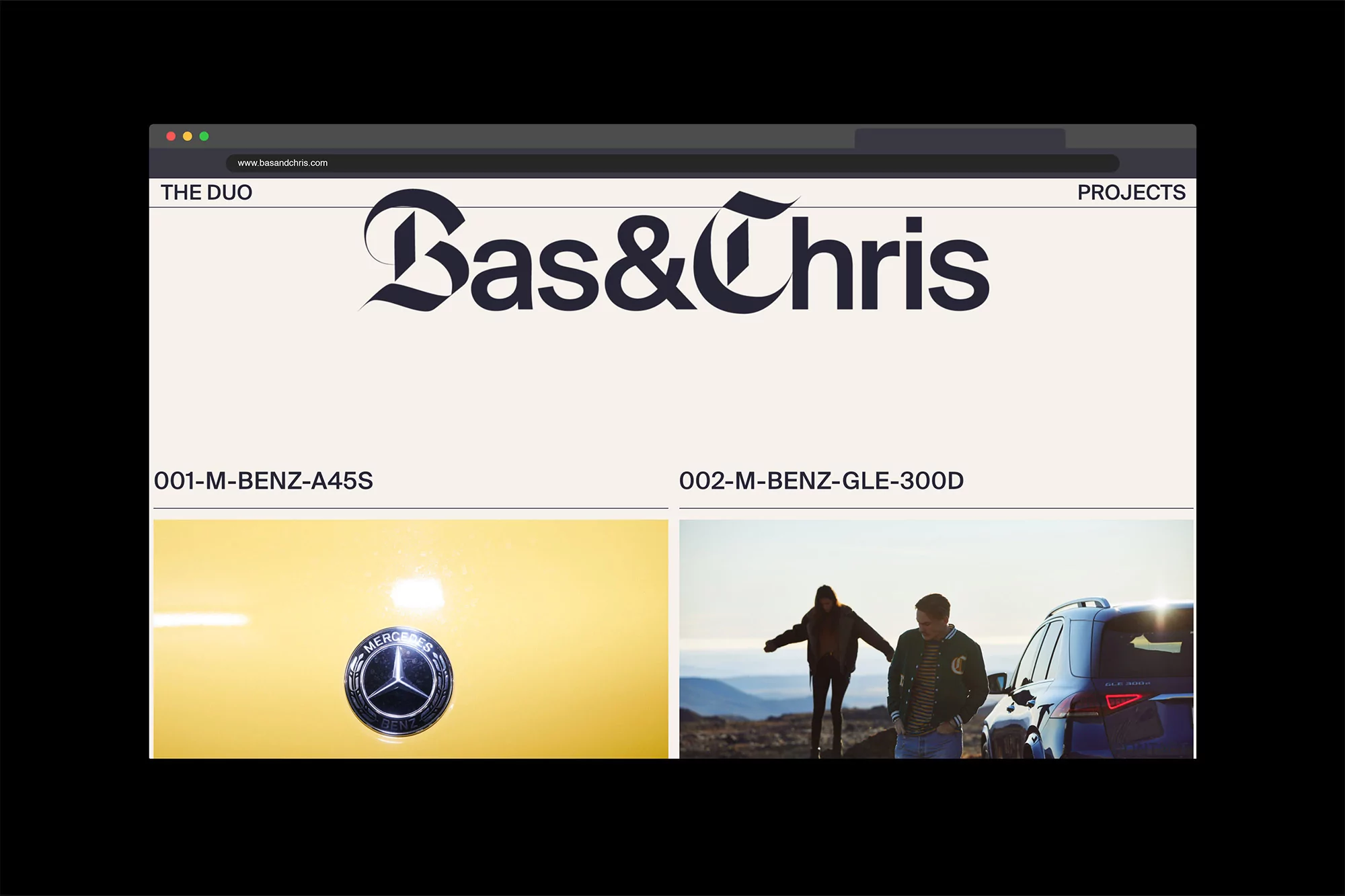 Website for Bas & Chris featuring a yellow Mercedes-Benz A45S and a couple with a blue Mercedes-Benz GLE-300D in the background.