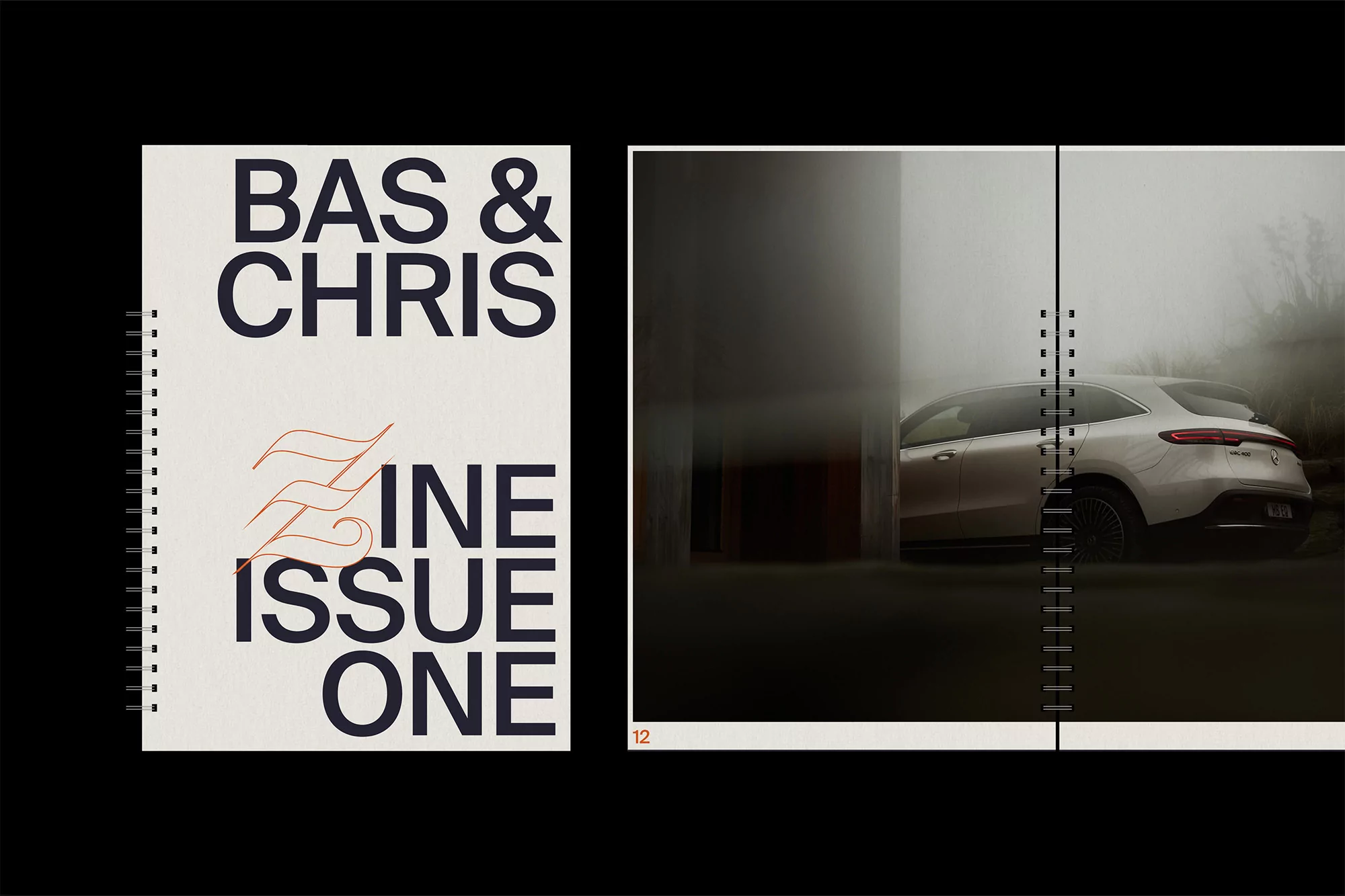Open magazine spread displays a car photo on the right with minimal text and a white page with black typography on the left.