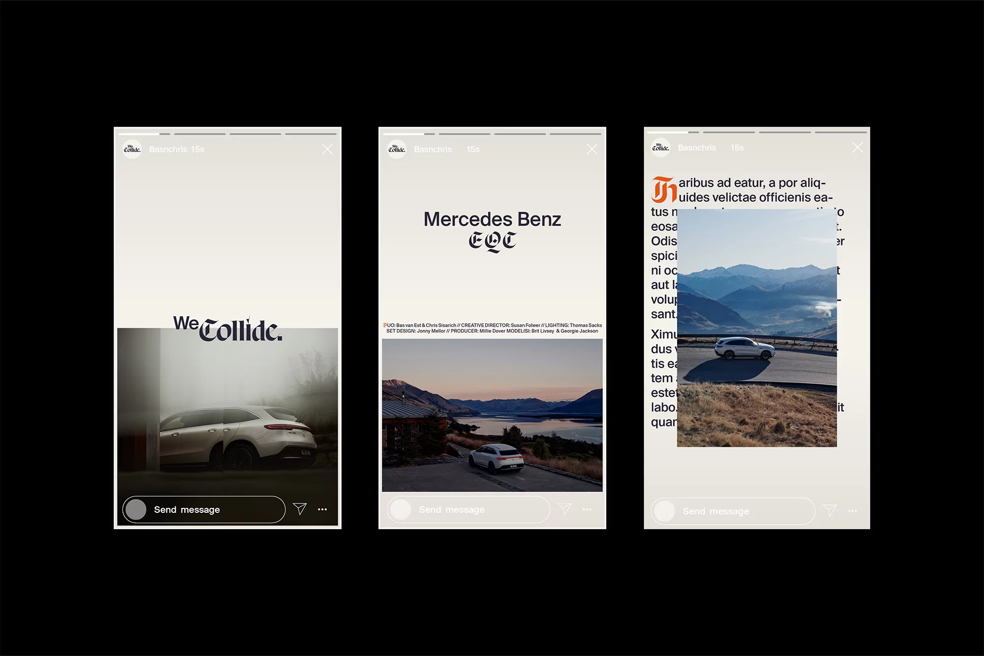 Three Instagram stories showcase Mercedes Benz EQT in diverse landscapes, from foggy roads to alpine vistas, promoting automotive style.