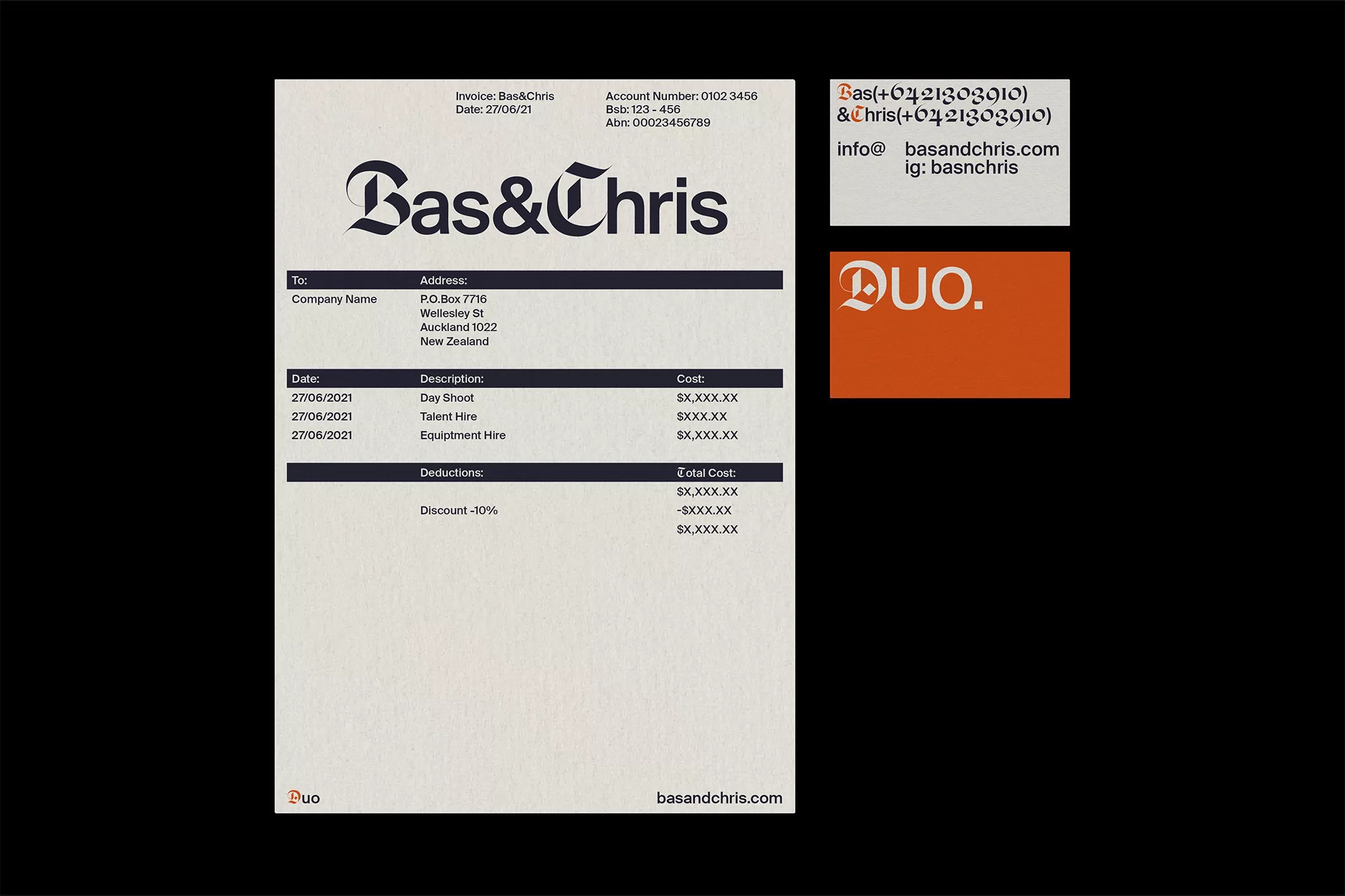 Invoice design for Bas&Chris featuring company logos, contact information, and itemized services like day shoots and talent hire.