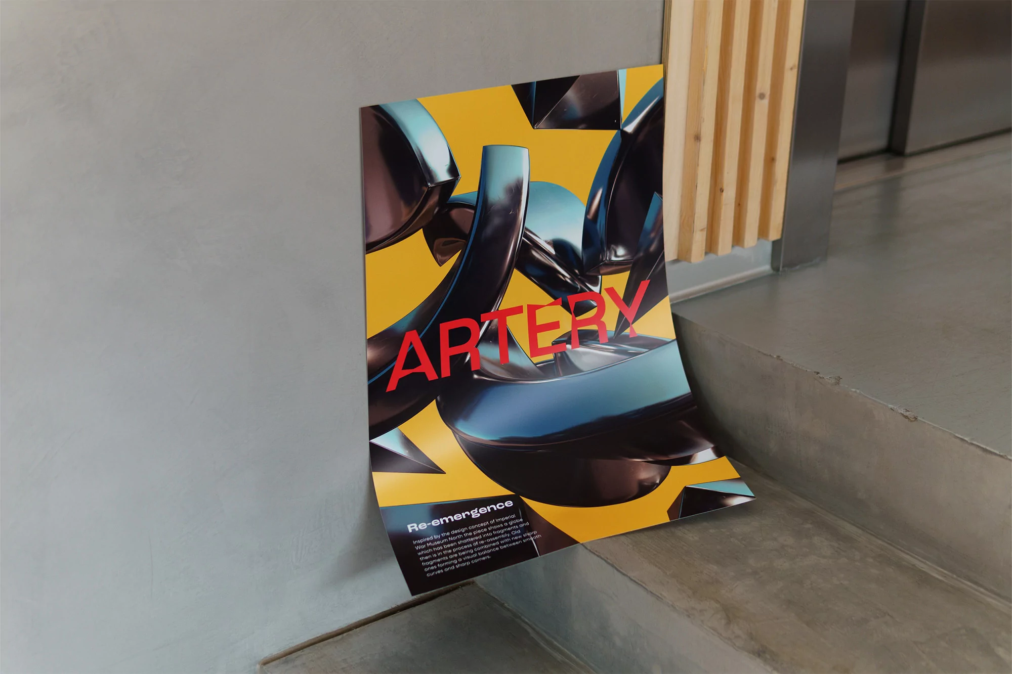 Abstract art poster with shiny metal shapes and red text 'ARTERY' leaning against a grey concrete wall and wooden paneling.