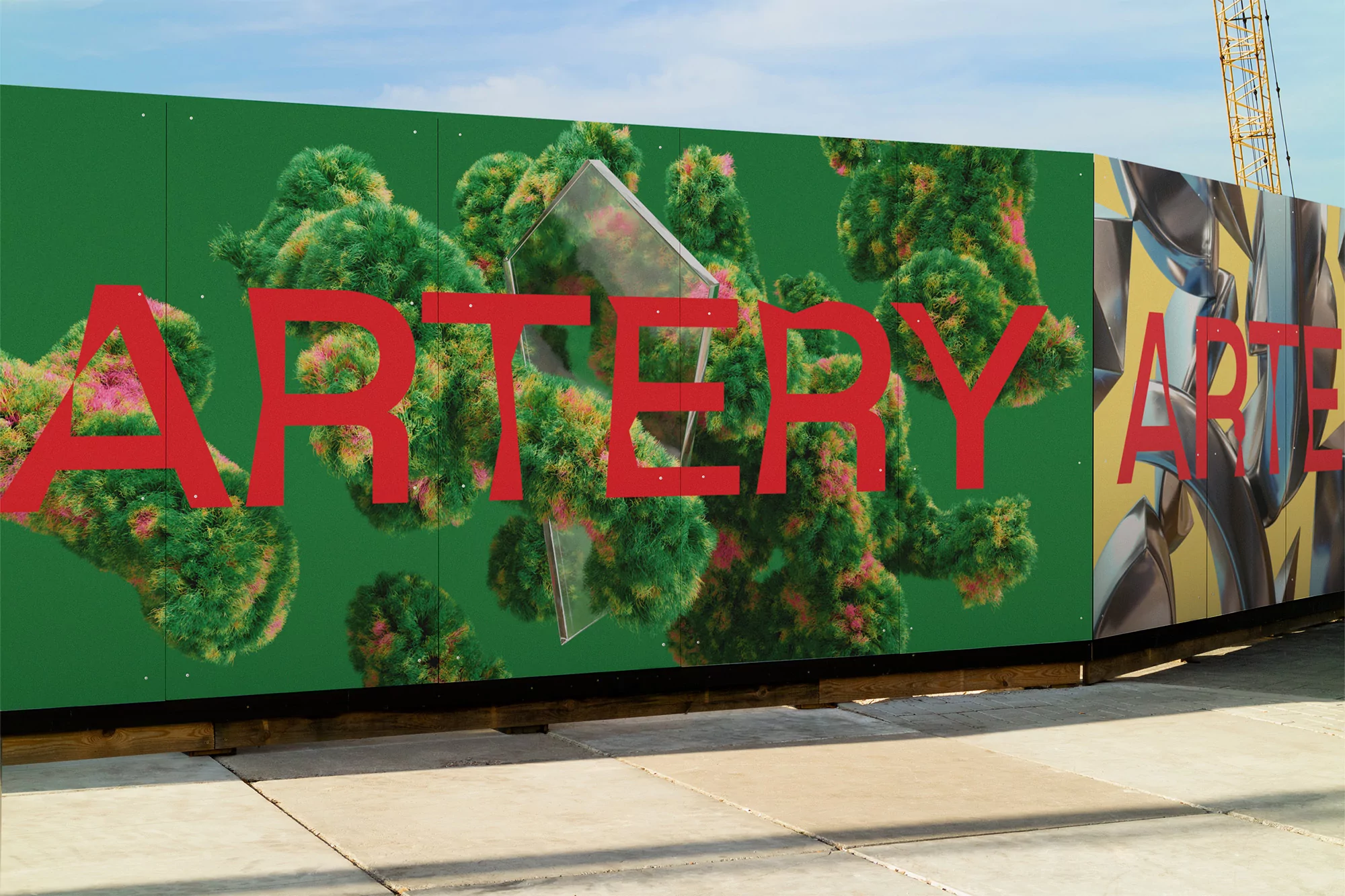 Outdoor view of a building hoarding with green background, featuring graphic text 'ARTERY' and abstract geometric shapes.