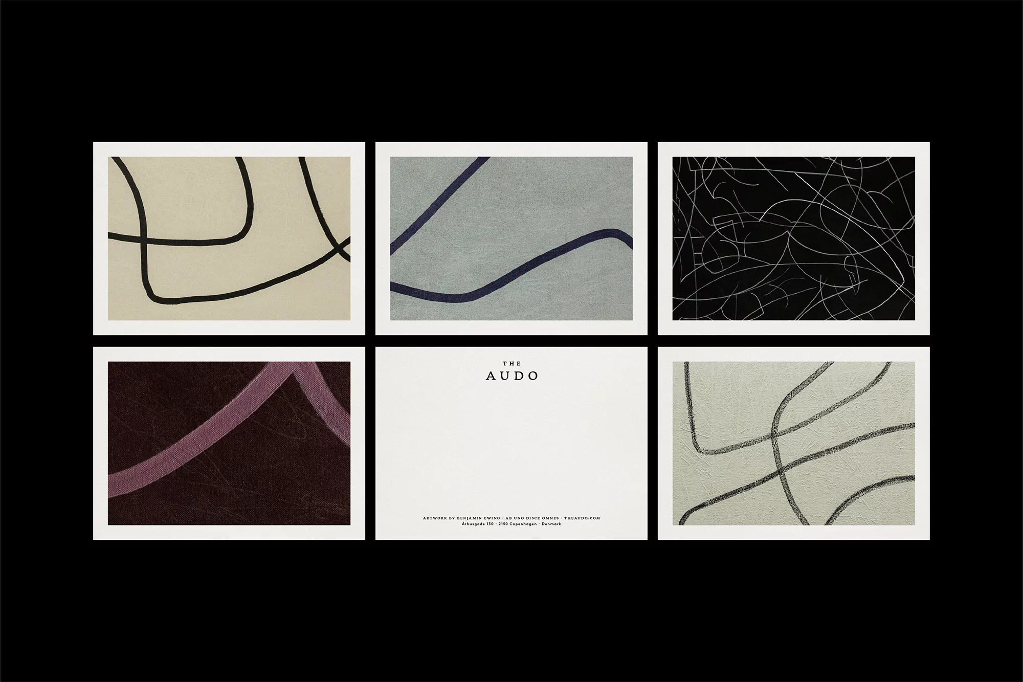 Abstract art prints featuring minimalist line drawings in neutral tones arranged in a grid against a black background. Modern and graphic.
