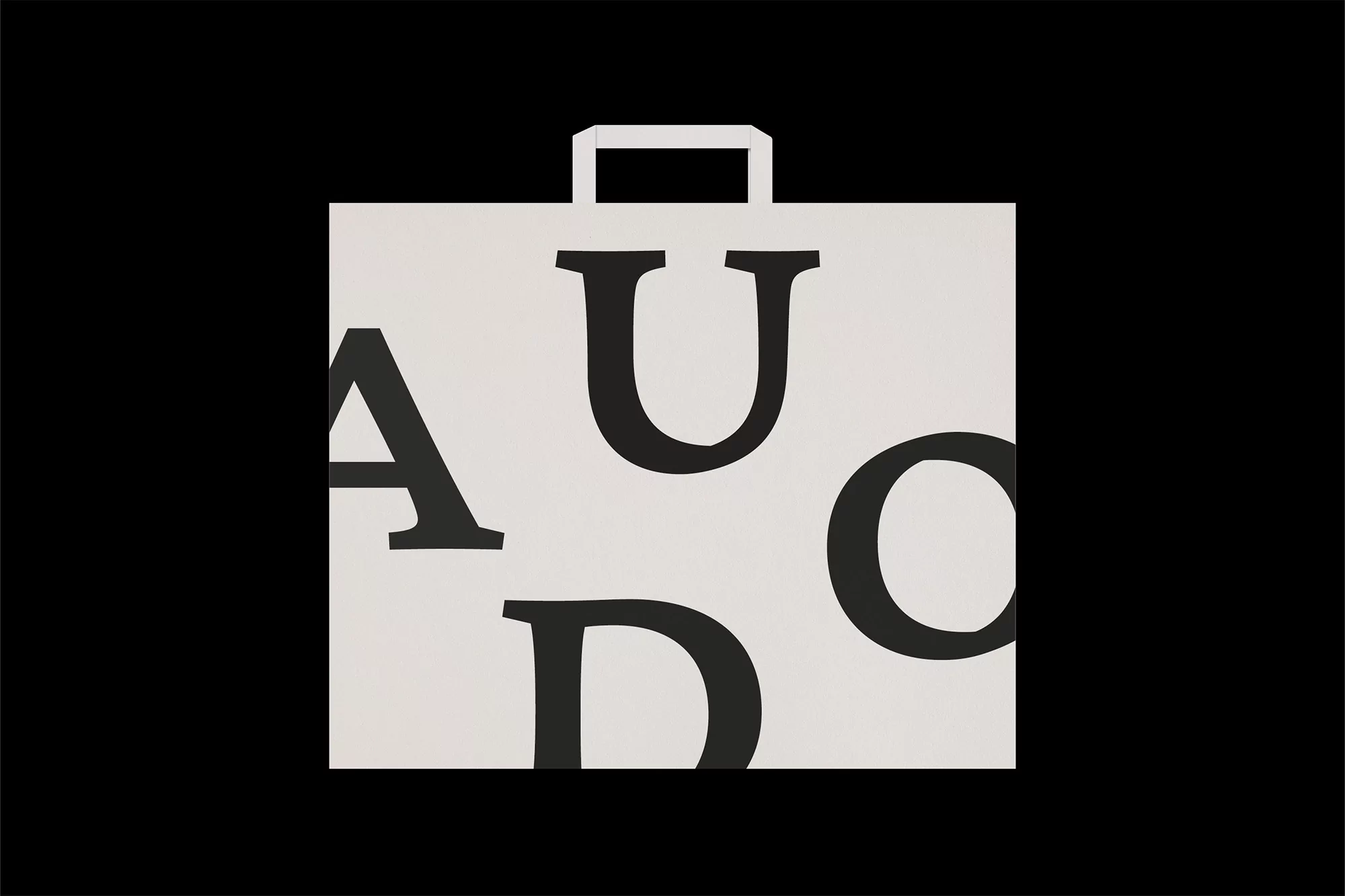Modern black and white graphic art featuring a stylized shopping bag with large, bold letters on a solid black background.