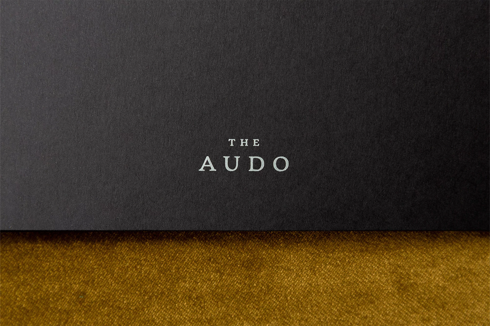 Close-up of black textured paper with 'The Audo' in silver, atop a textured gold surface, creating a minimalistic, elegant contrast.