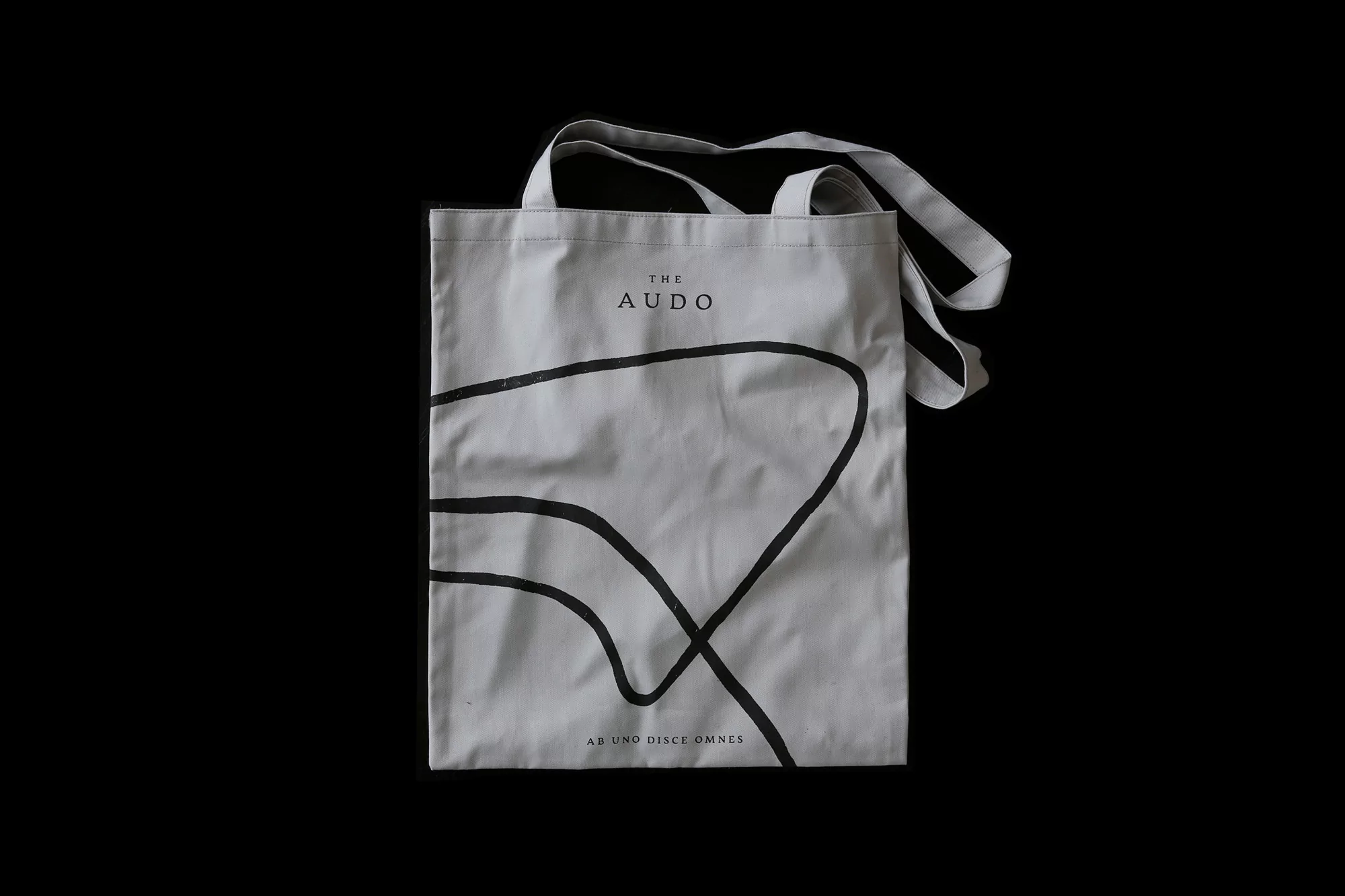 Minimalist tote bag in light gray with black graphic line art and THE AUDO text, against a stark black background.