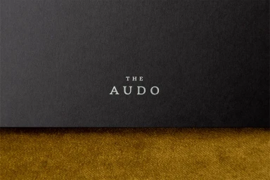 The Audo brand identity logo embossed in white serif typography centered on dark textured paper above a golden velvet surface
