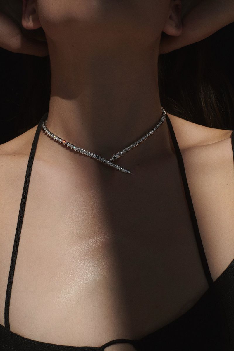 Close-up of a female wearing a silver, snake-shaped choker necklace against a dark background with a light stripe across the center of her chest.