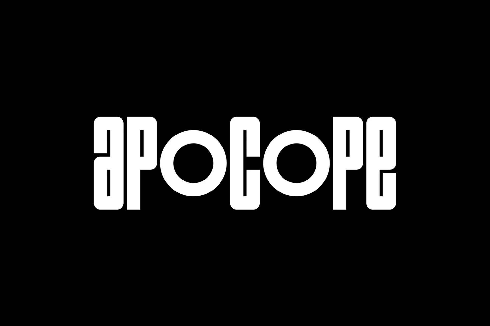 Typographic logo of the word 'apocope' in a bold, geometric, sans-serif font on a black background. Graphic design.
