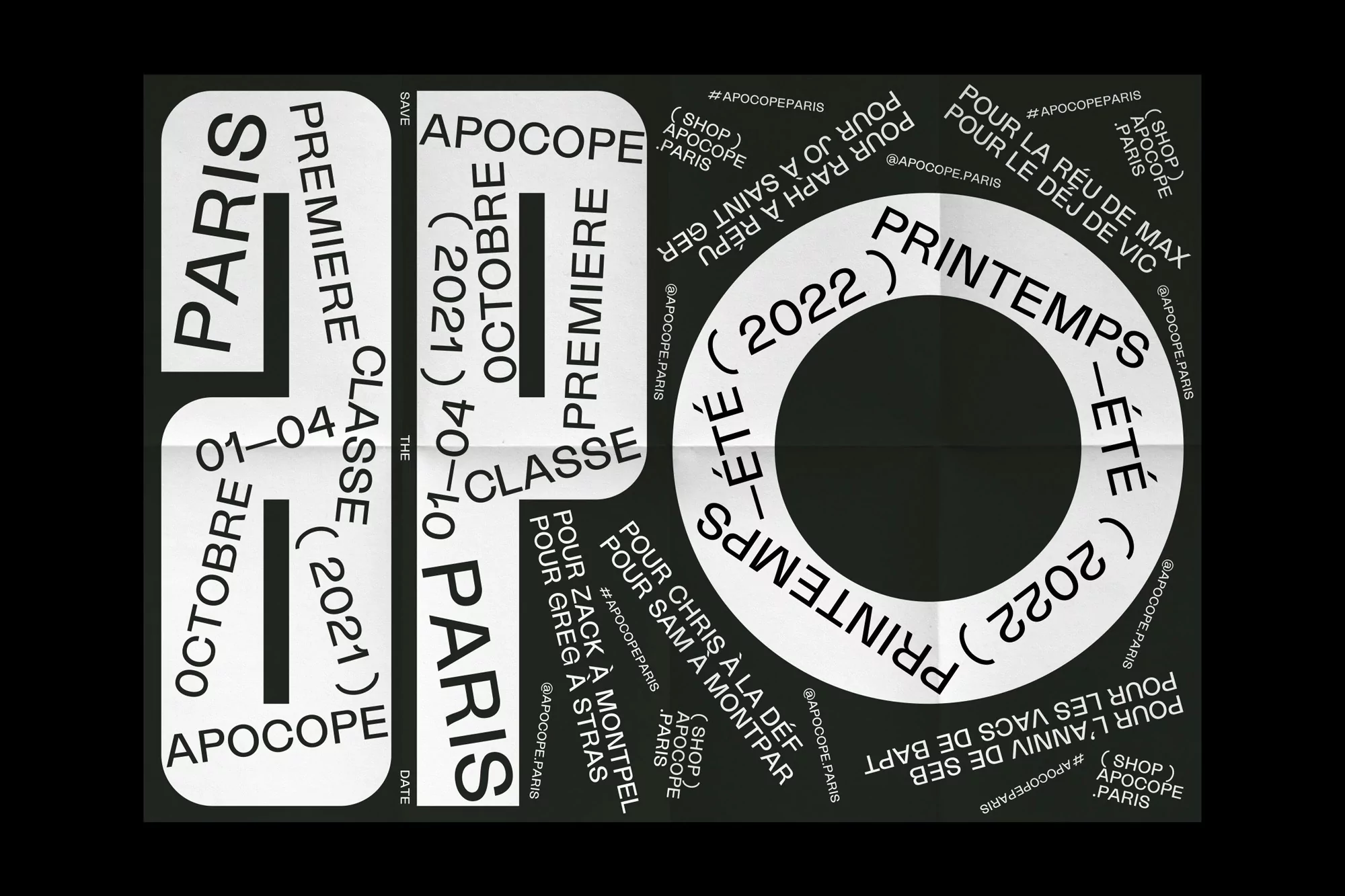 Promotional poster with the text 'Paris Premiere Classe Octobre 01-04 2021' and 'Printemps-Ete 2022' arranged in a dynamic layout.