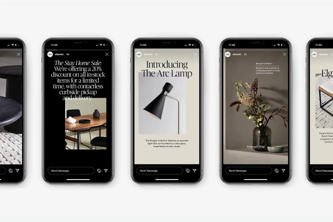 Multiple smartphone screens display furniture sale advertisements, featuring photos of lamps, tables, and home furnishings in a minimalist style.