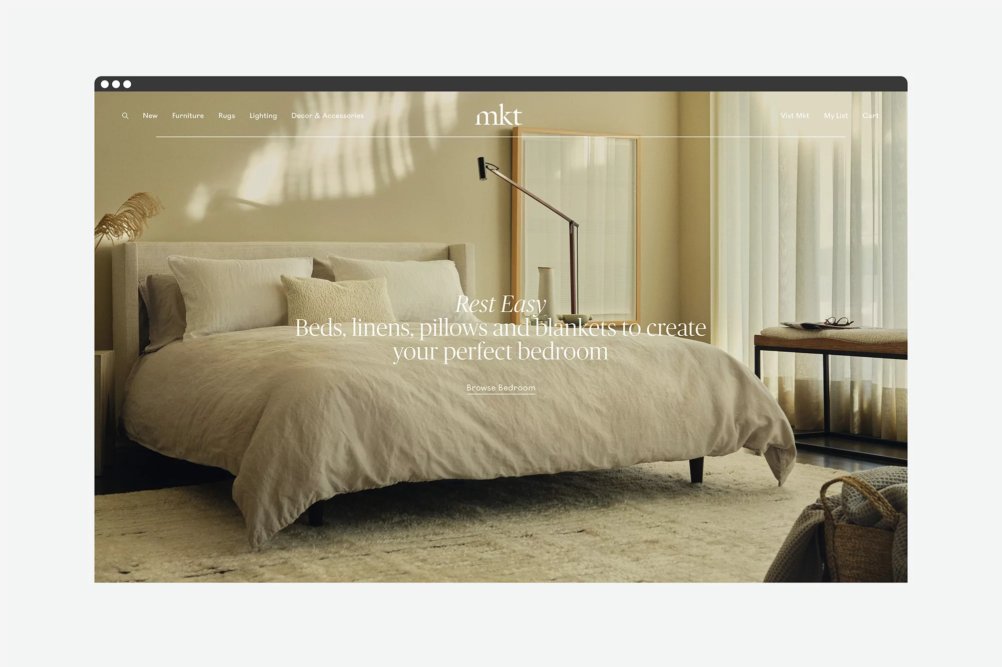 Bedroom scene featuring a bed with linens and pillows, bathed in neutral tones, part of an online furniture and home decor store.