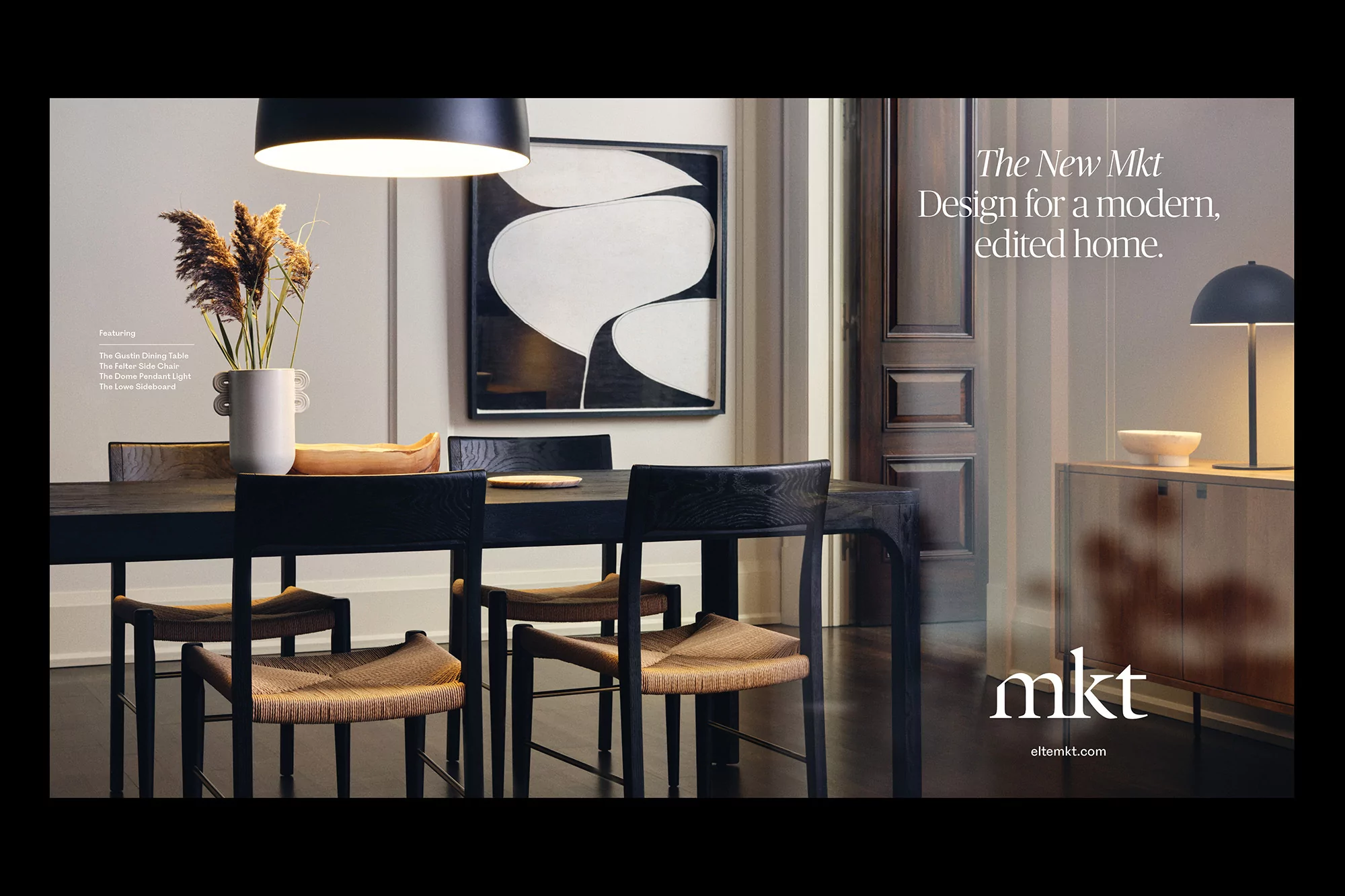 Modern dining room interior with a black dining table, stylish chairs, pendant light, and decorative sideboard, creating a sophisticated space.