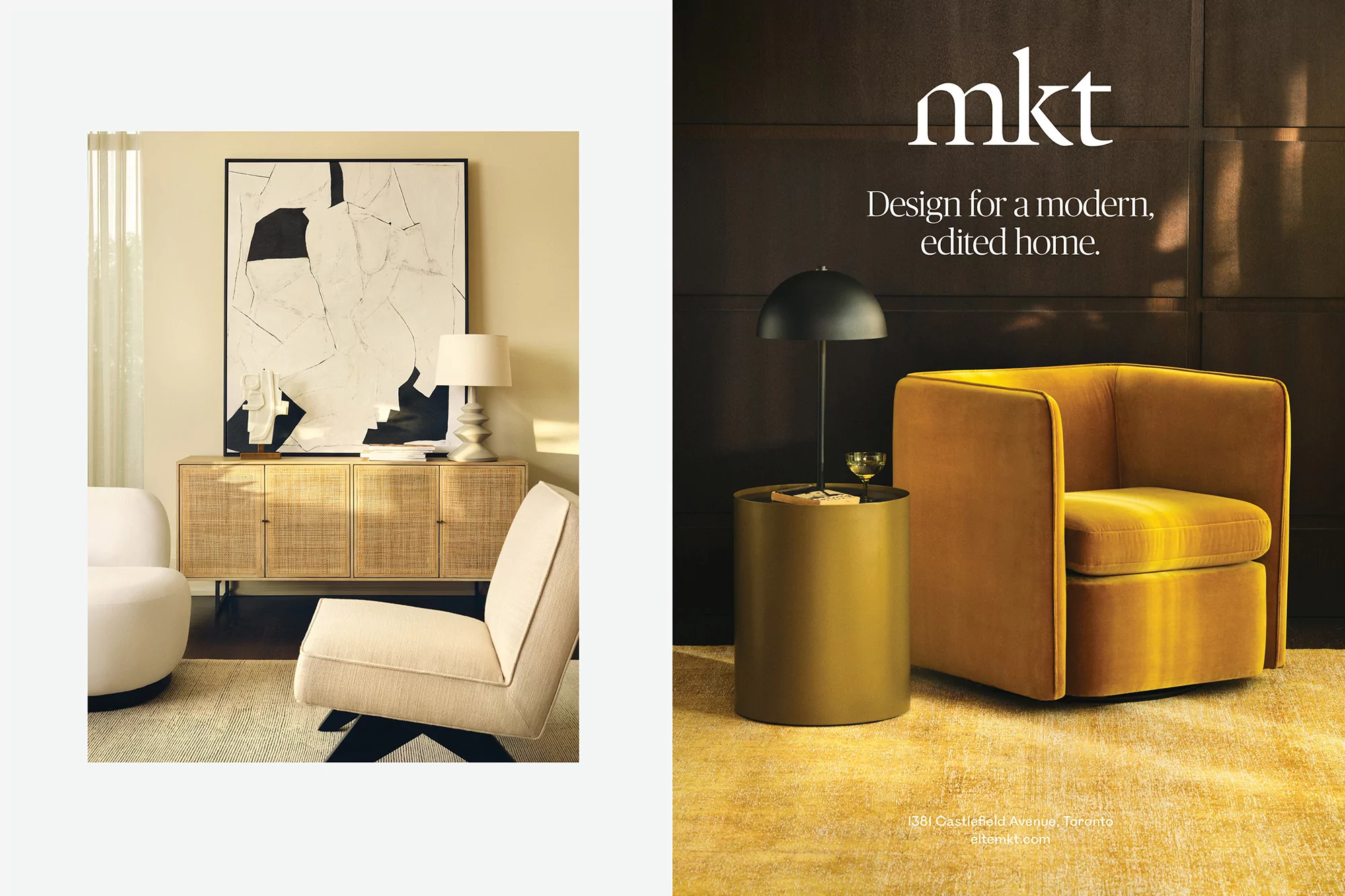 Interior design showroom featuring a mustard-colored armchair, a side table with a lamp, and a living room setup with neutral-toned furniture.