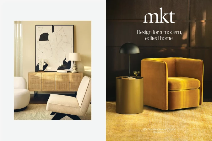 Interior design showroom featuring a mustard-colored armchair, a side table with a lamp, and a living room setup with neutral-toned furniture.