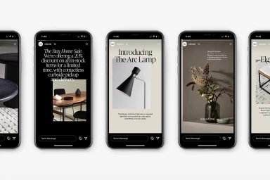 Five mobile phone screens displaying social media story layouts with typography and product photography against a plain background