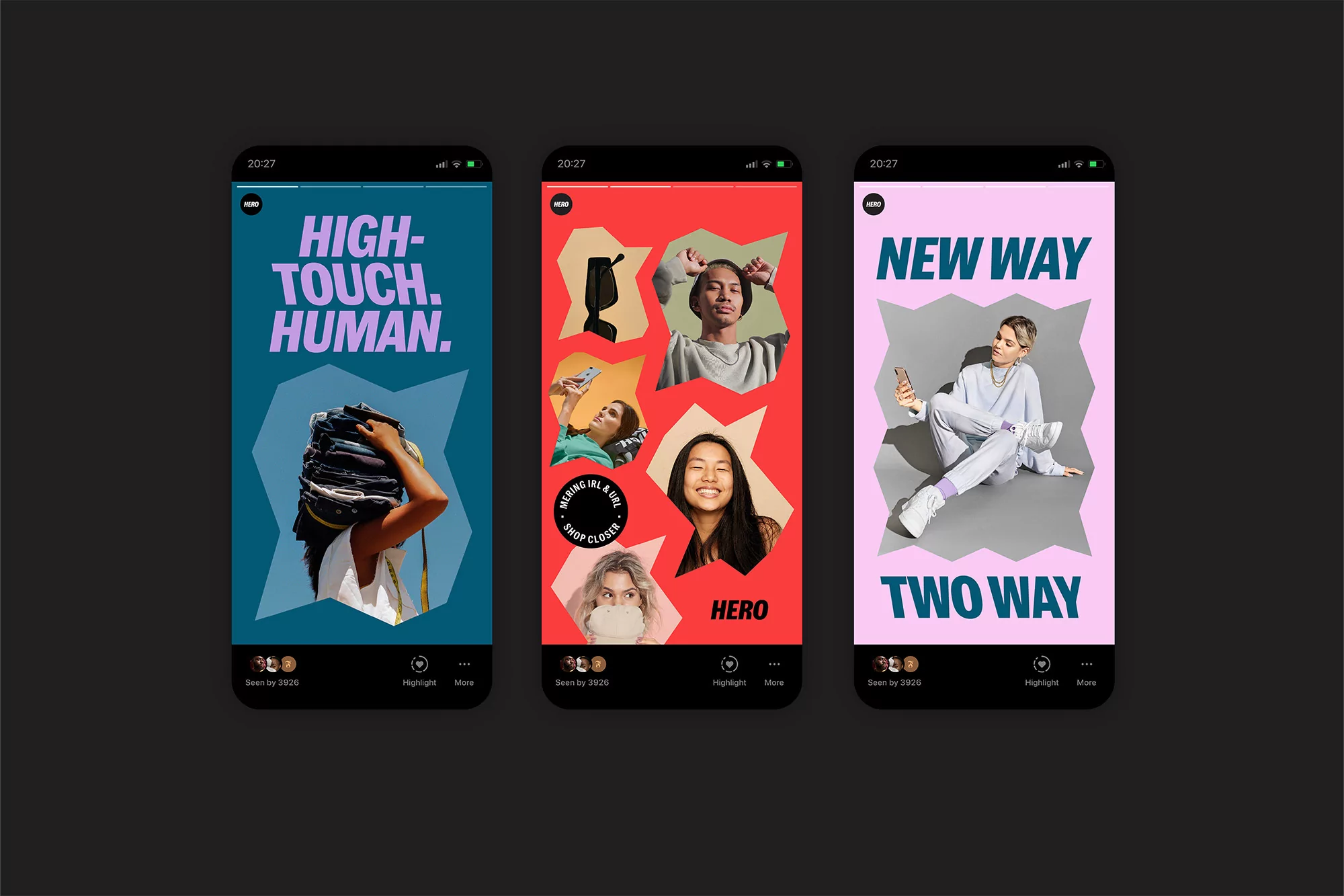 Three smartphone screens display social media posts: one with a woman balancing clothes, another with collaged portraits, and one with a woman in sportswear.