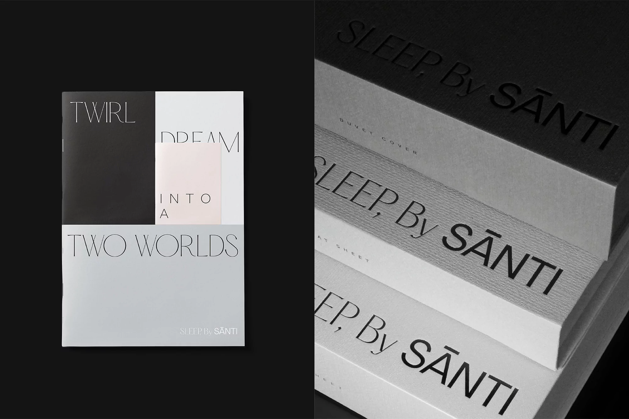 Graphic design layout of SANTI brand books featuring abstract typography and minimalist aesthetic with black, white, and gray tones.