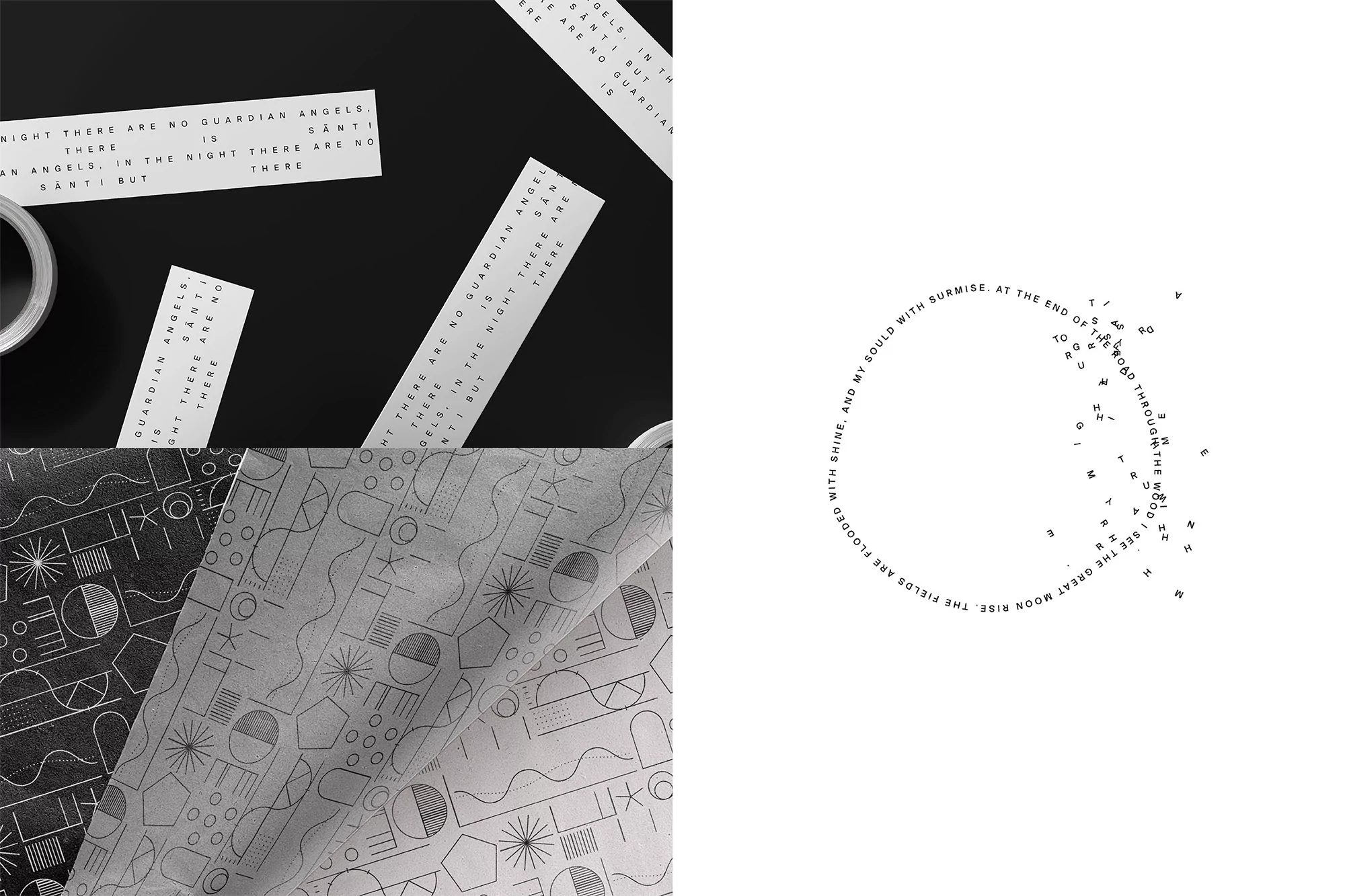 Artful layout featuring geometric fabric, text strips, and a circular word design on a white surface, creating a visually intriguing composition.