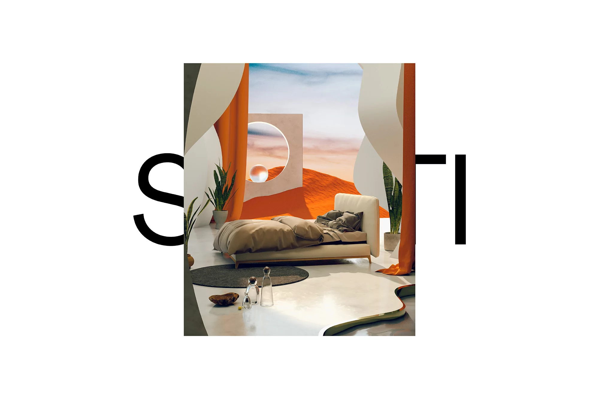 Interior design set featuring a modern bed with neutral bedding, plants, and abstract architectural elements. Desert backdrop visible.