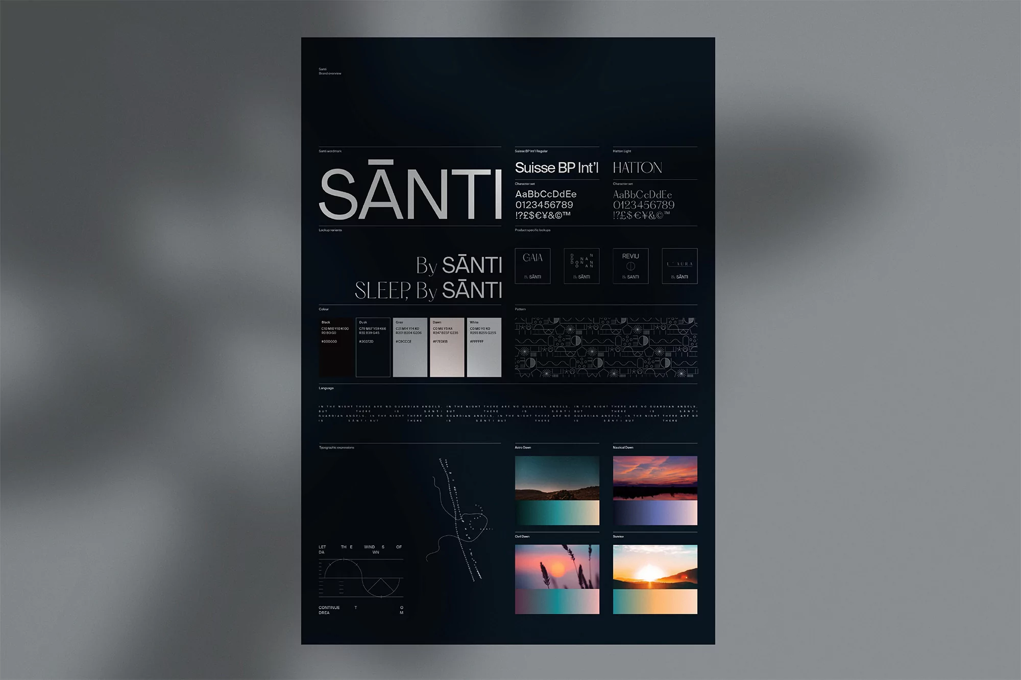 Brand identity presentation showcasing typography and color palette, featuring the brand name SANTI and SLEEP, By SANTI.