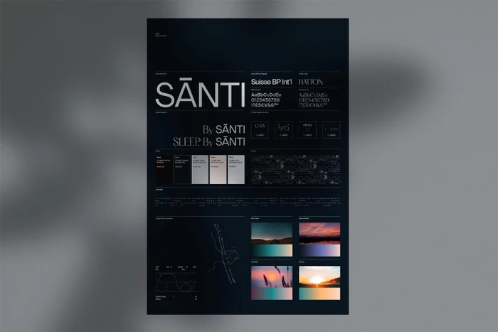 Dark brand identity guideline poster for Santi featuring typography specs, color swatches, logo variants, and mood imagery.