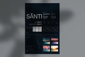 Dark brand identity guideline poster for Santi featuring typography specs, color swatches, logo variants, and mood imagery.