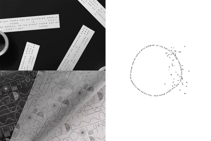 Graphic design brand identity featuring typography paper strips, patterned tissue paper, and circular text layout
