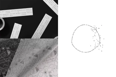 Graphic design brand identity featuring typography paper strips, patterned tissue paper, and circular text layout