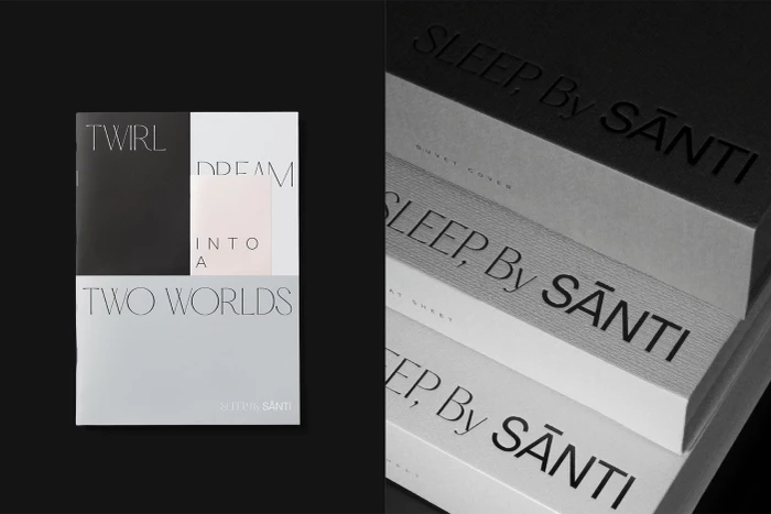 Minimalist graphic design and packaging for Santi brand featuring typography and stacked textured boxes against a dark background.