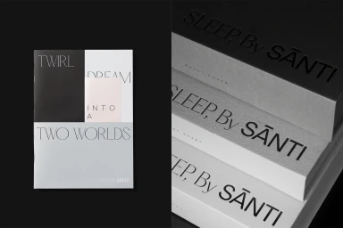 Minimalist graphic design and packaging for Santi brand featuring typography and stacked textured boxes against a dark background.