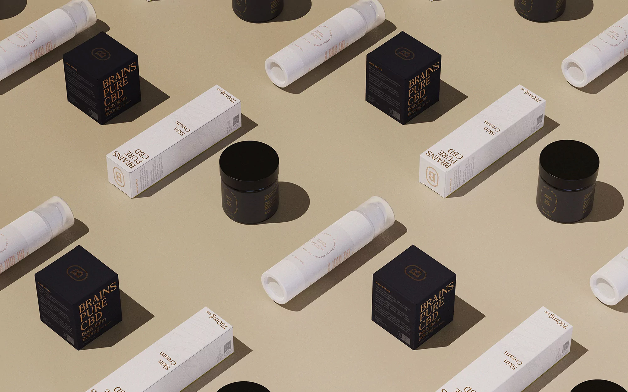 Product shot featuring various skincare products including creams and lotions in packaging against a solid light brown background.