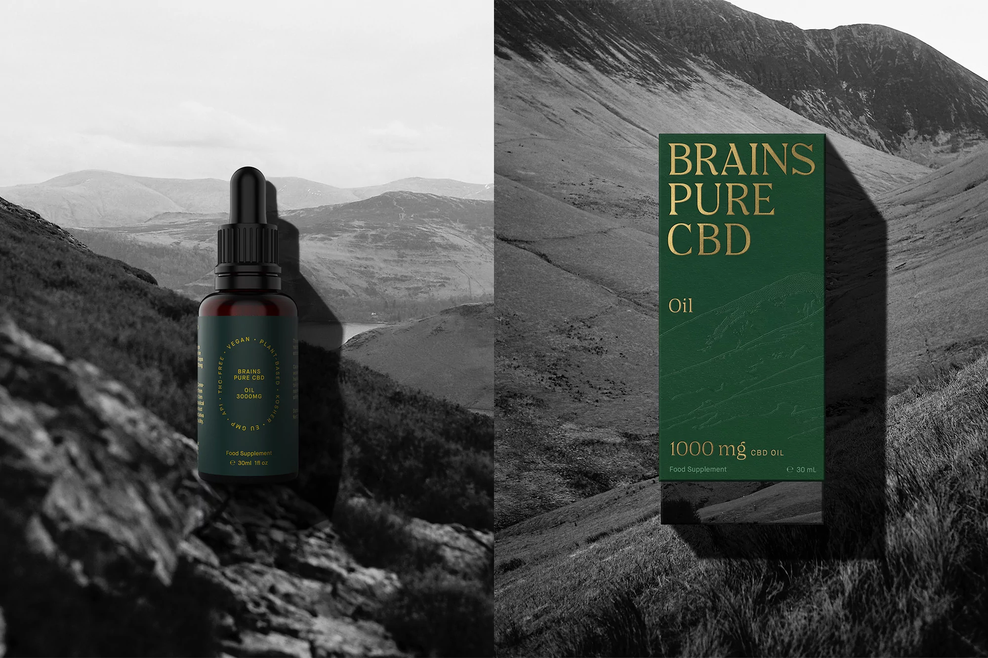 Brain Pure CBD oil bottle and box are displayed against a monochromatic mountain background in a health and wellness product shot.