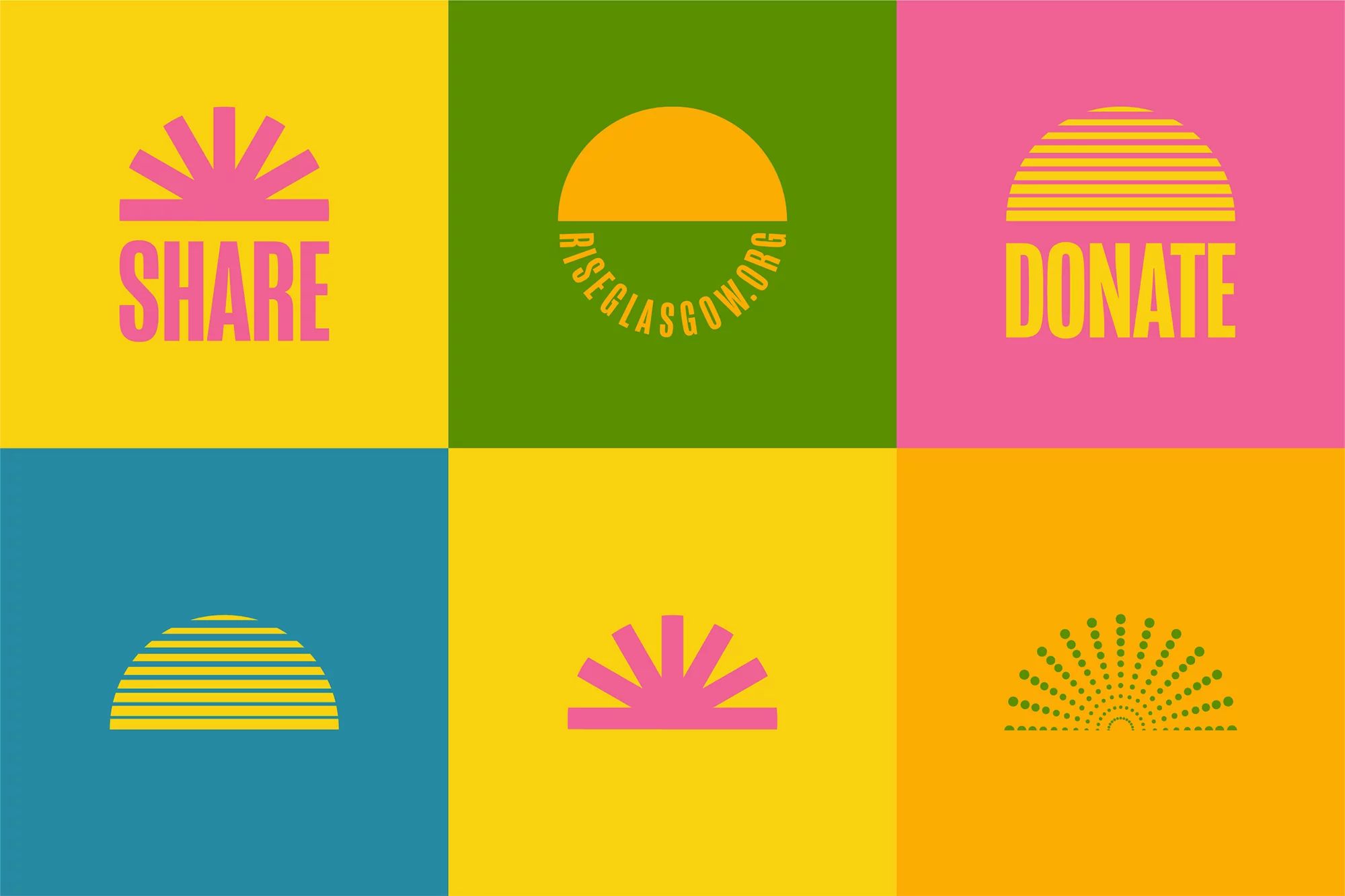 Graphic illustration featuring the words 'Share,' 'Rise Glasgow,' and 'Donate' alongside semi-circular sunburst designs in vibrant colors.