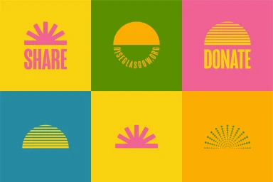Grid of six brightly colored panels featuring minimalist graphic sunburst icons and bold typography for Rise brand identity