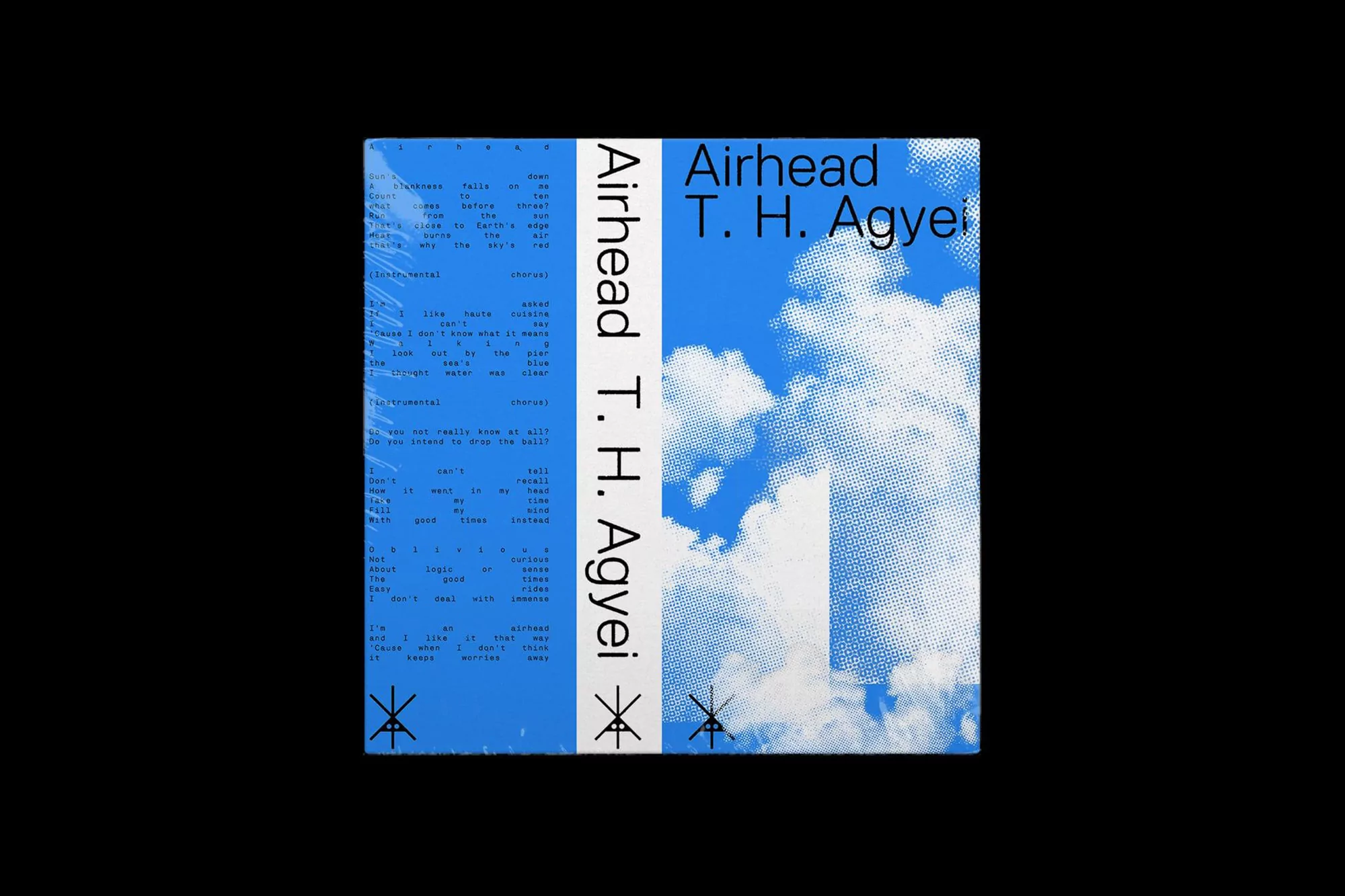 Album cover art for Airhead by T.H. Agyei featuring a blue and white cloudscape, with overlayed typography and graphic design elements.