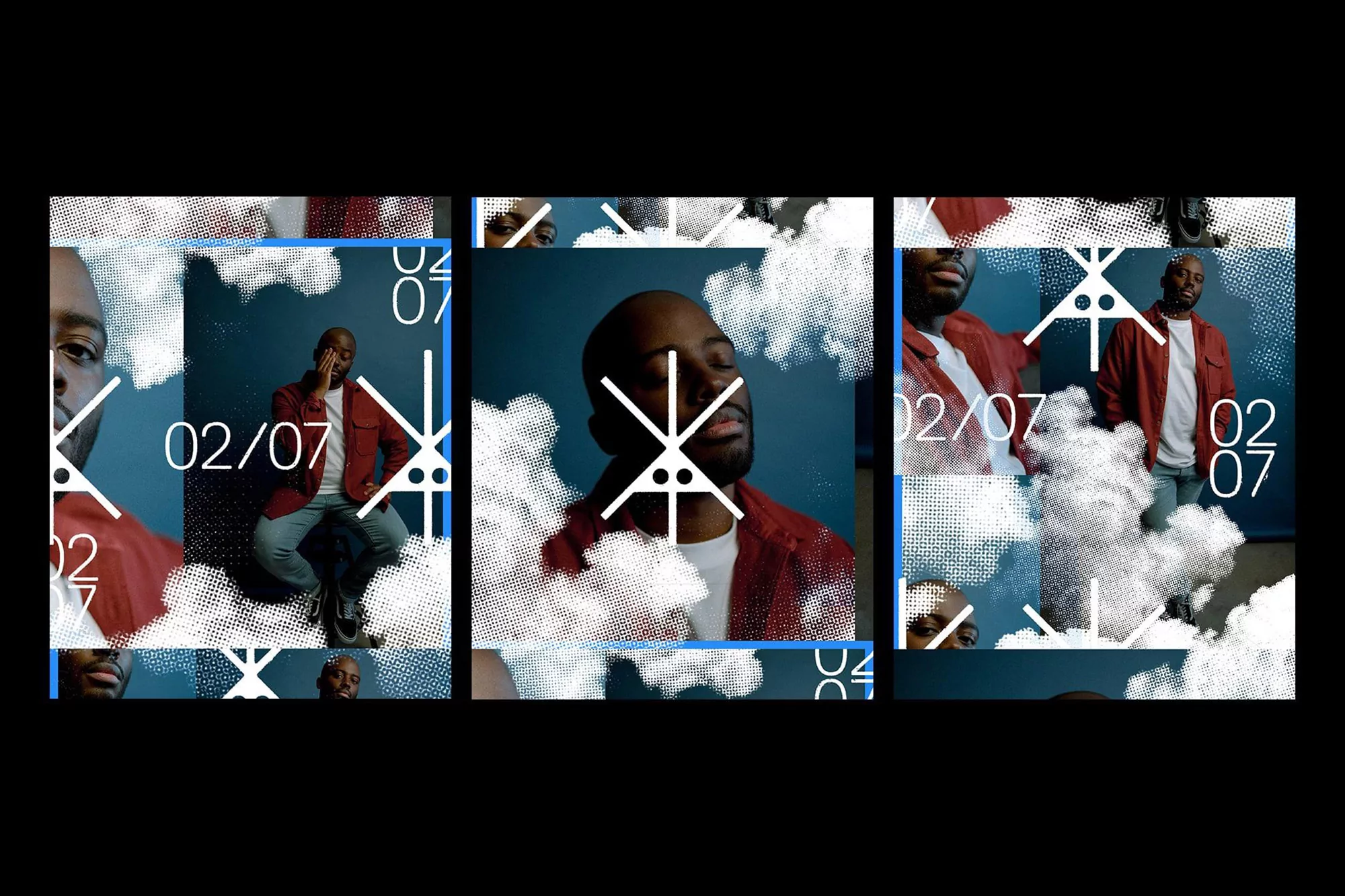 Portrait of a bald, adult male wearing a red shirt and blue jeans, depicted in a triptych layout with white cloud-like effects.