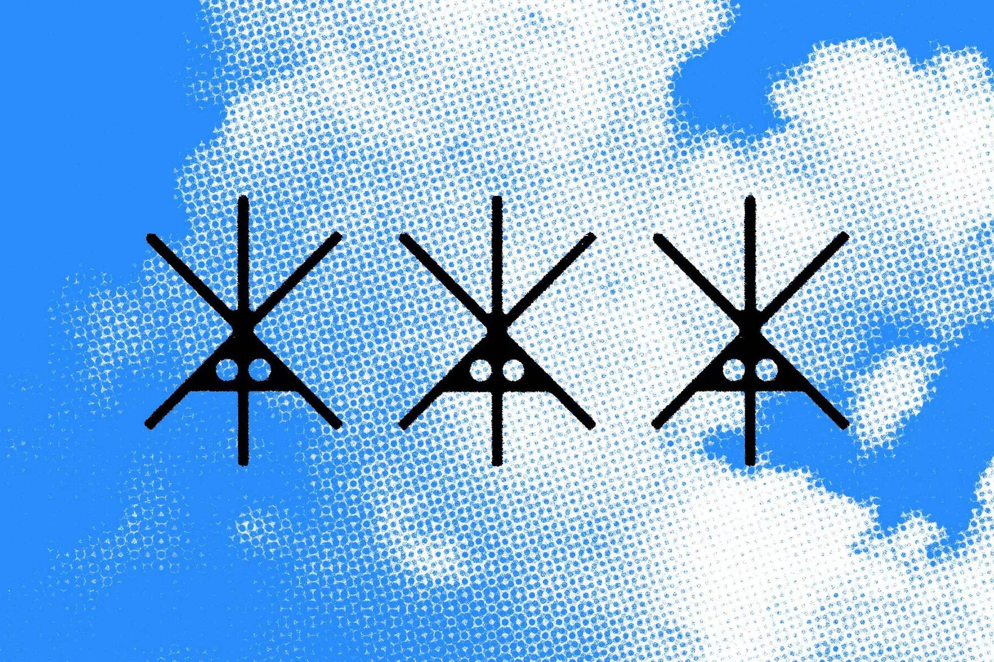 Digital art with three identical black symbols against a blue-and-white dotted cloud pattern. Graphic design elements.