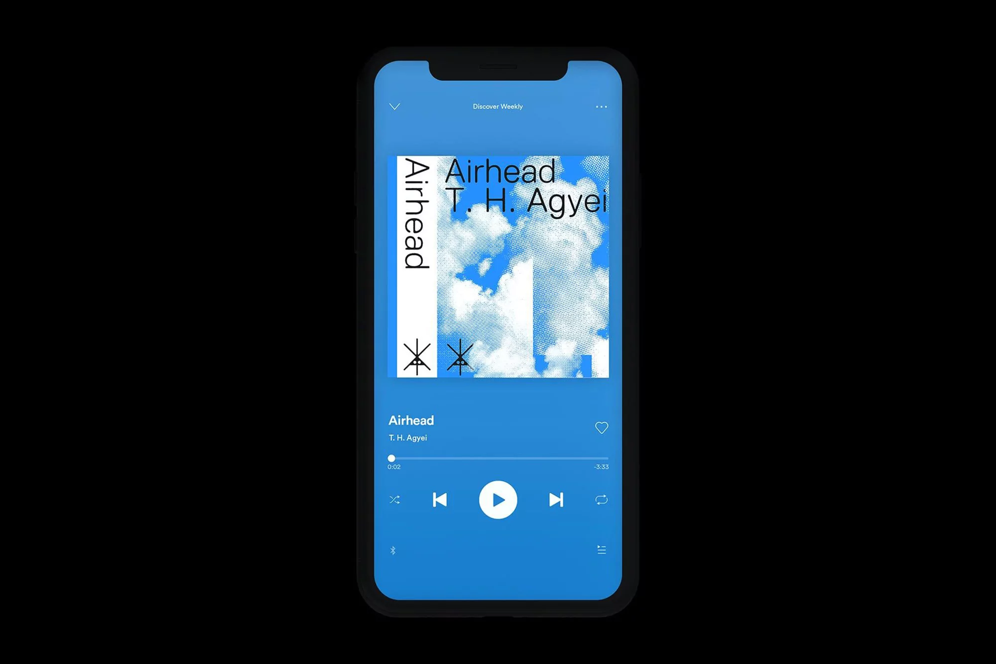Smartphone screen featuring music app with album art displaying title, artist, and cloudy sky background. Blue color scheme.