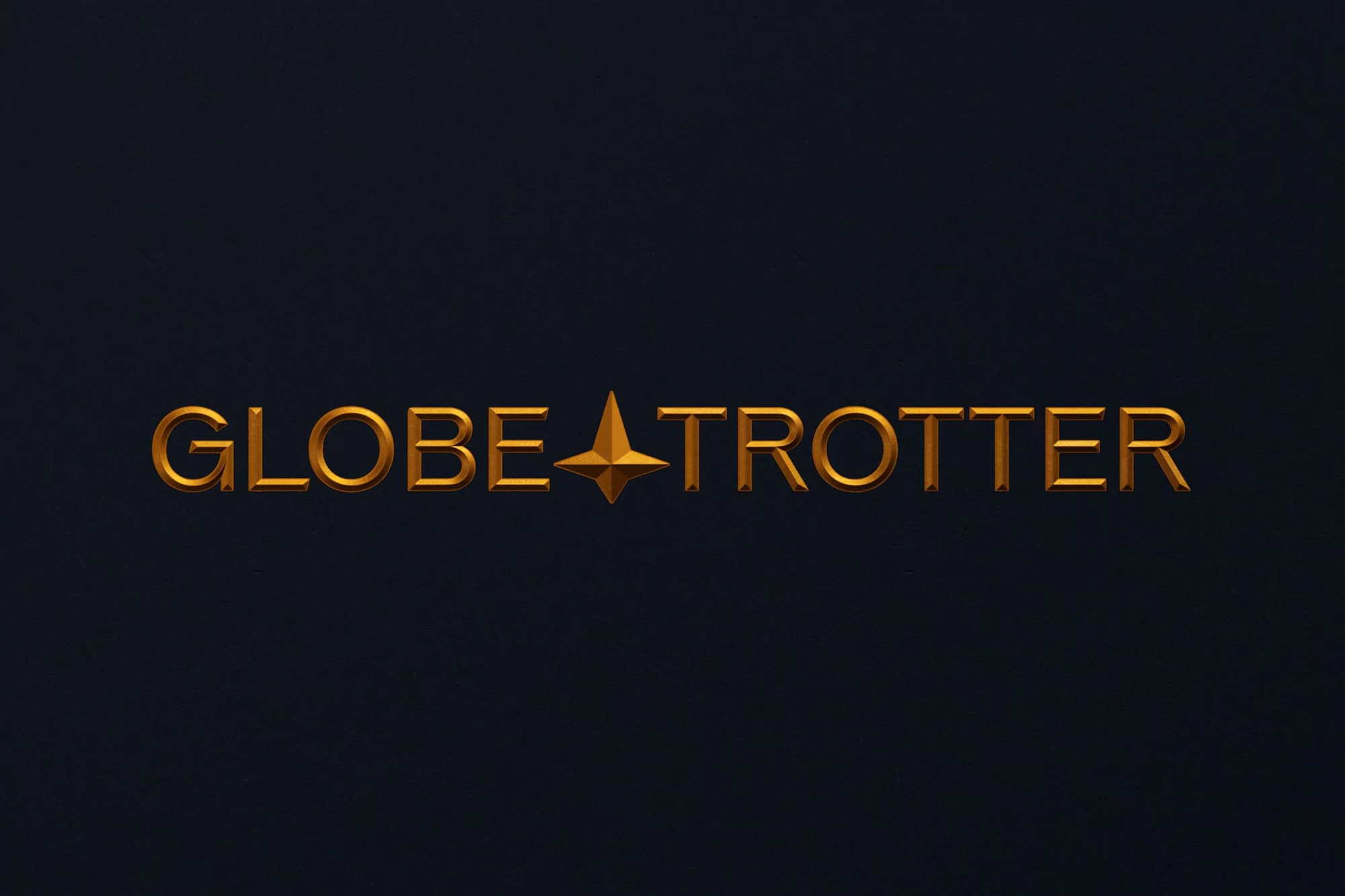 Elegant, gold 'GLOBE-TROTTER' logo with a star replacing the hyphen, set against a dark blue background, embodying sophistication and travel.