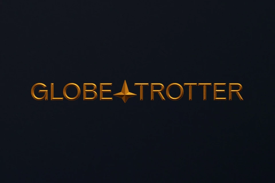 Elegant, gold 'GLOBE-TROTTER' logo with a star replacing the hyphen, set against a dark blue background, embodying sophistication and travel.