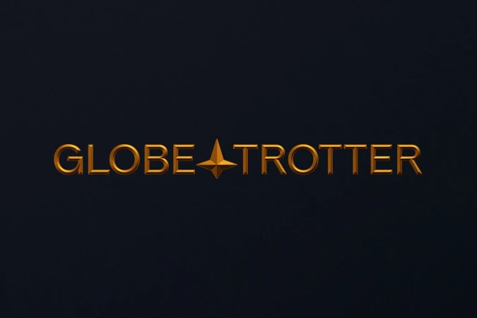 Elegant, gold 'GLOBE-TROTTER' logo with a star replacing the hyphen, set against a dark blue background, embodying sophistication and travel.
