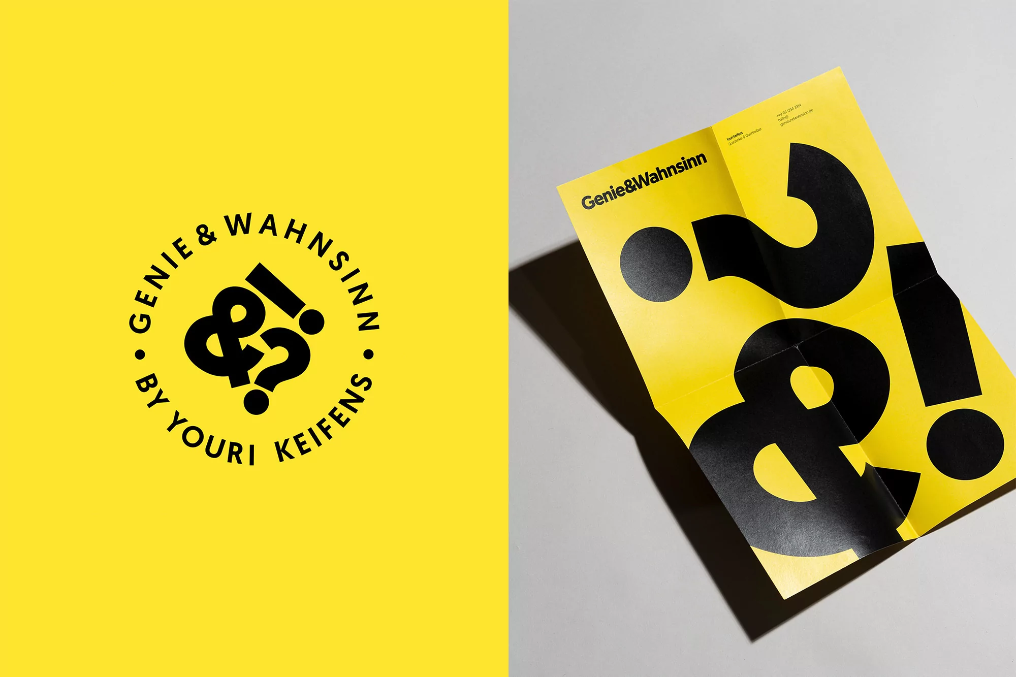 Graphic design featuring the Genie & Wahnsinn logo in black on yellow, with a folded poster showcasing the design elements.