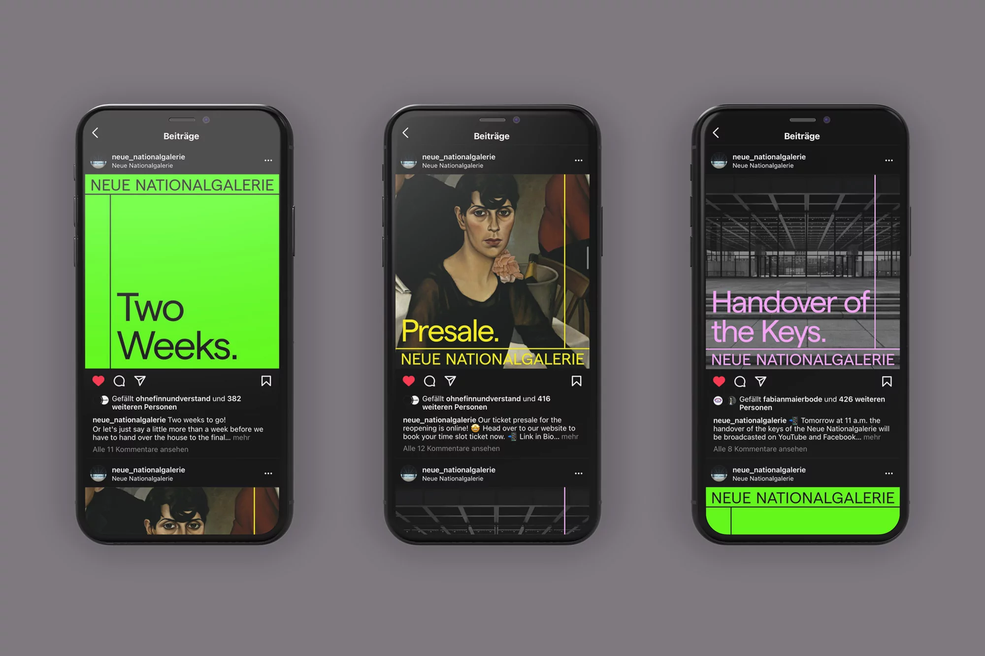 Three phone screens display social media posts from Neue Nationalgalerie, featuring a countdown, artwork presale, and event announcement.