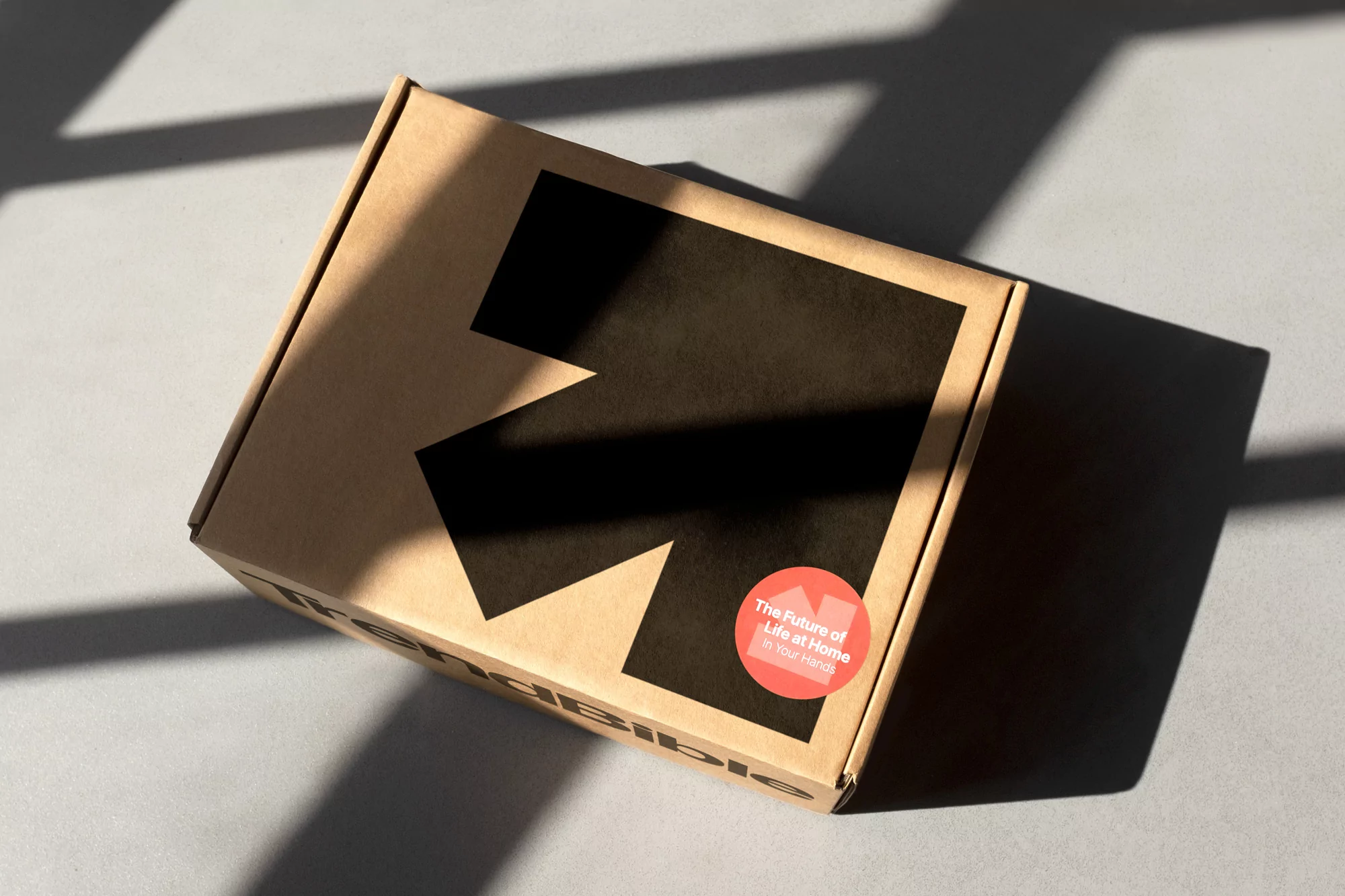 Angled view of a cardboard box with black graphics and a red sticker on a gray surface with natural window light and shadows.