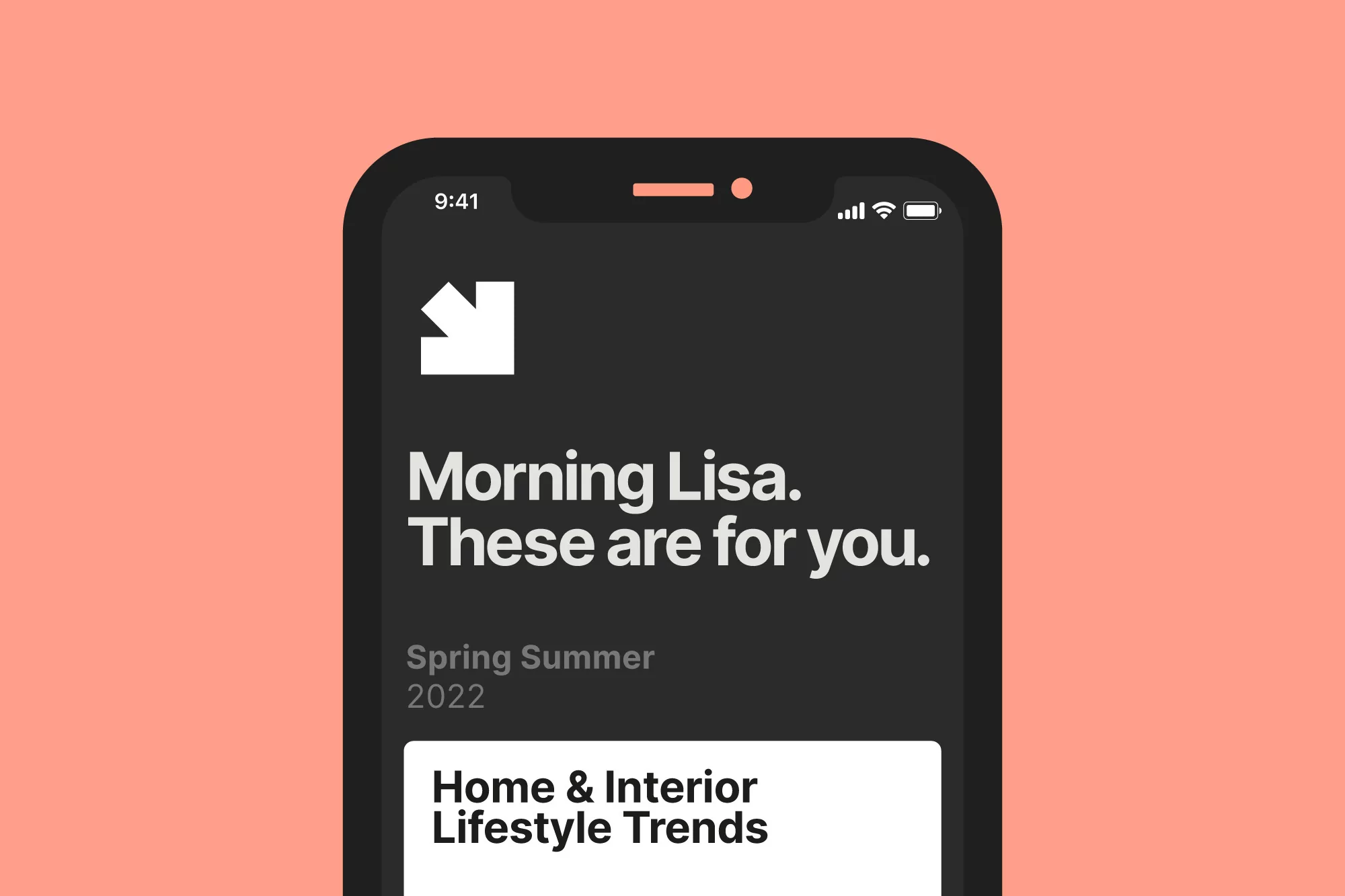 IPhone displays a home and interior lifestyle trends webpage in shades of black, white, and peach. The image is digitally rendered.